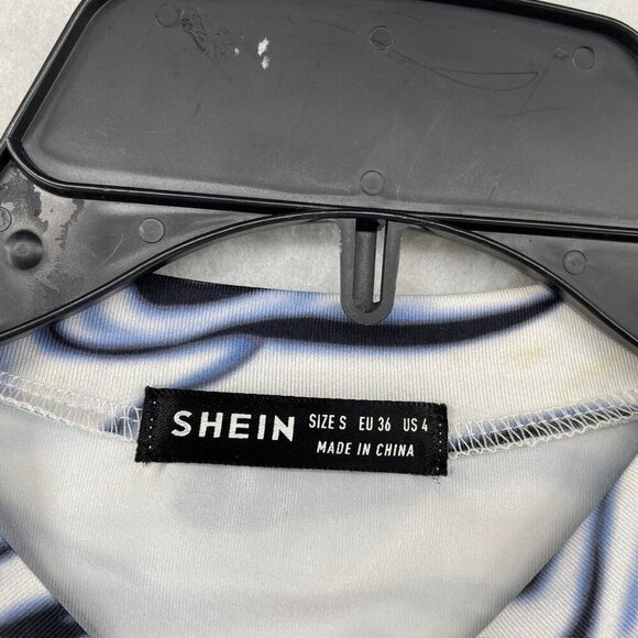 SheIn T Shirt Womens 4 Blue White Marble Print Tee Cut Out Round Neck Tie Side - Picture 8 of 12